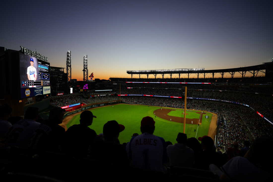 Los Angeles Dodgers third baseman Enrique Hernández bats during the fifth inning in Game 4 of baseball's National League Division Series against the Atlanta Braves, Wednesday, Oct. 7, 2026, in Atlanta.
