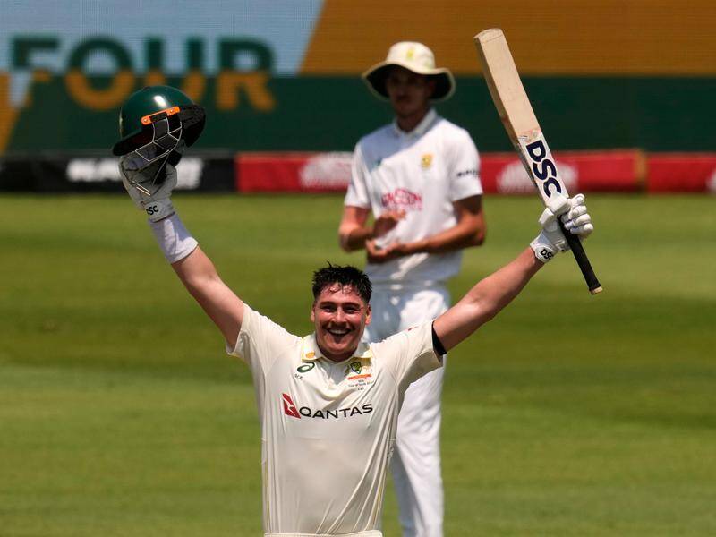 Australia's Matt Renshaw raises his arms in triumph after reaching his second Test century. Photo: AP PHOTO