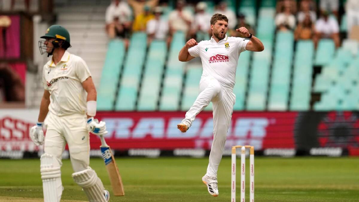 South Africa's Wiann Mulder was jumping for joy after dismissing Australian captain Pat Cummins. (AP PHOTO)