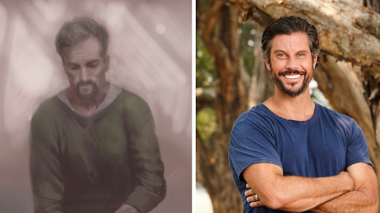Lifestyle and fitness entrepreneur Sam Wood and the court sketch of him this week (left).
