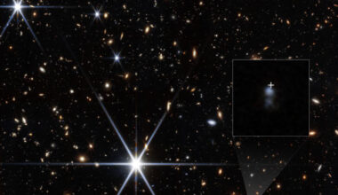This Webb image shows the host galaxy of FRB 20240304B (shown by the white cross). Image credit: NASA / ESA / CSA / STScI / Themiya Nanayakkara, USYD / Joseph DePasquale, STScI.