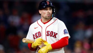 Boston Red Sox third baseman Caleb Durbin (5) strikes out against the Cleveland Guardians during the ninth inning at Fenway Park on Sept. 24, 2026, in Boston.