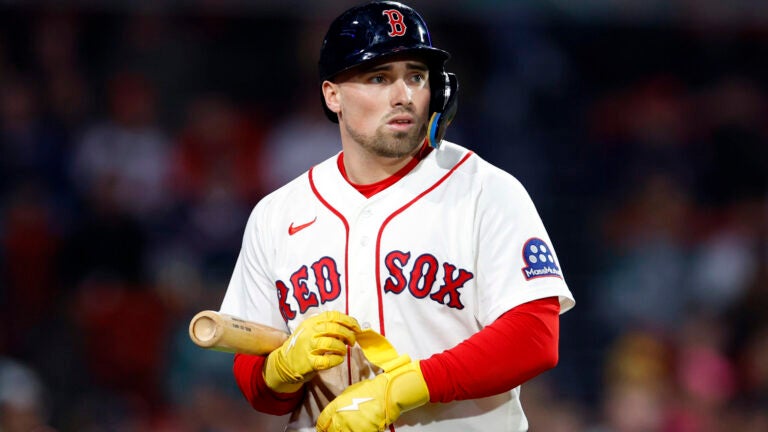 Boston Red Sox third baseman Caleb Durbin (5) strikes out against the Cleveland Guardians during the ninth inning at Fenway Park on Sept. 24, 2026, in Boston.