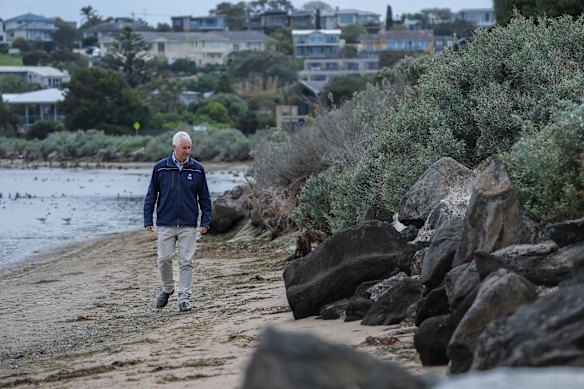 Barwon Coast Committee of Management’s Gareth Smith inspecting flood protection infrastructure. 