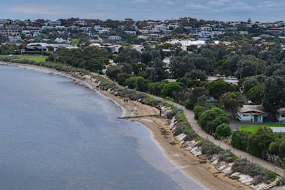 An aerial view of the levee protecting the Riverview Caravan Park in Ocean Grove. 