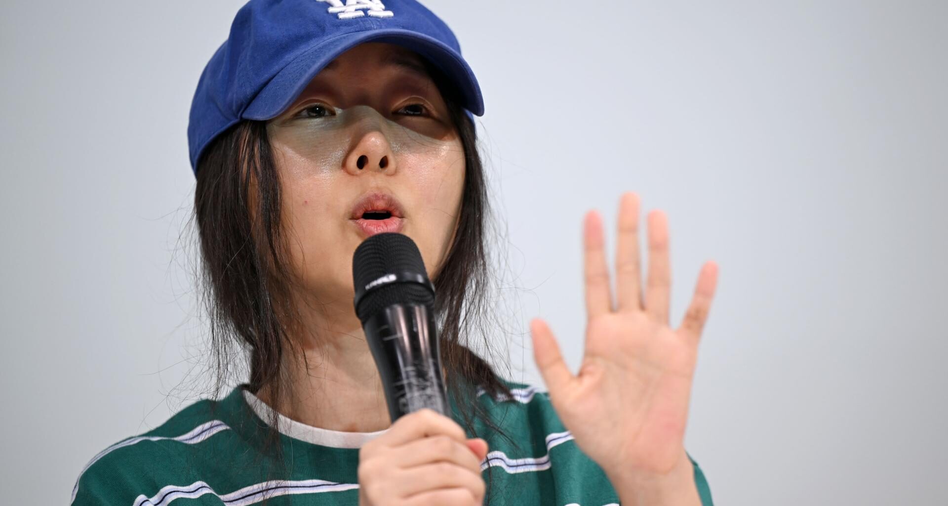 Min Hee-jin, former CEO of HYBE sublabel Ador, speaks during a press conference in Seoul, April 25, 2024. Korea Times photo by Simon Park