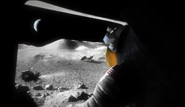 An illustration of a suited Artemis astronaut looking out of a Moon lander hatch across the lunar surface, the Lunar Terrain Vehicle and other surface elements.