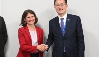 Finance Minister Lee Hyoung-il, right, poses for a photo with Marie Diron, global head of Moody