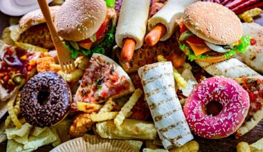 Assortment of ultraprocessed foods, including burgers, hot dogs, pizza, fries, and colorful doughnuts.