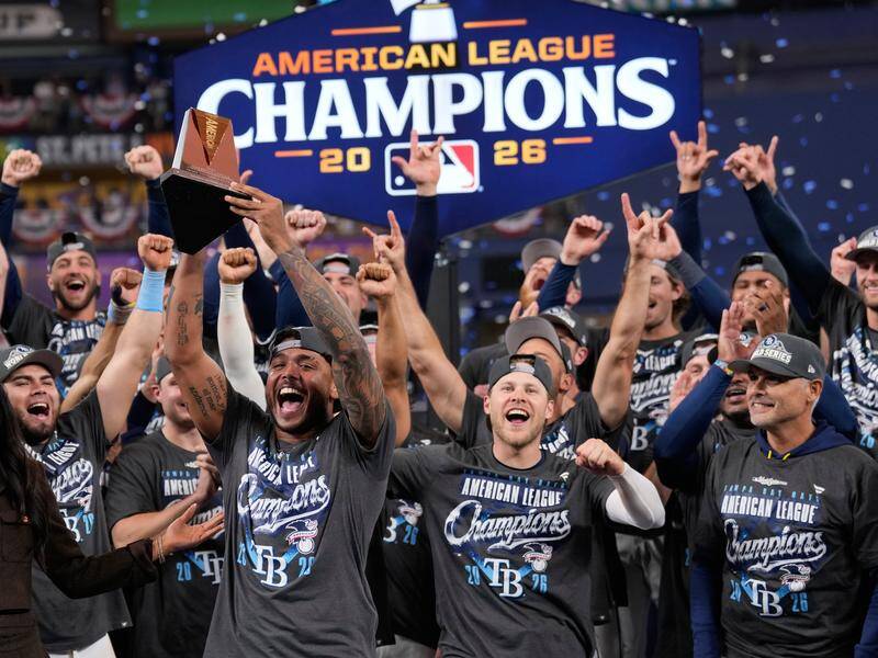 Tampa Bay celebrate becoming ALCS champions in Florida and booking their World Series ticket. Photo: AP PHOTO
