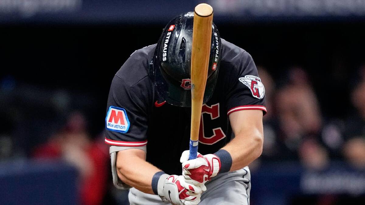 Travis Bazzana was not a happy Guardians hitter in game six after flying out in the second inning. (AP PHOTO)
