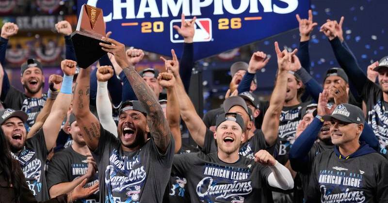 Tampa Bay celebrate becoming ALCS champions in Florida and booking their World Series ticket. Photo: AP PHOTO
