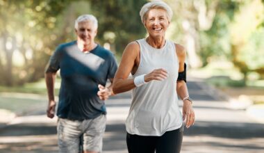 Retirement, couple and running fitness health for body and heart wellness with natural ageing. Married, mature and senior people enjoy nature run together for cardiovascular vitality workout.