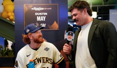 Boston Red Sox pitcher Payton Tolle, right, interviews Milwaukee Brewers pitcher Dustin May during a World Series baseball media day, Thursday, Oct. 22, 2026, in Milwaukee, ahead of Game 1 between the Milwaukee Brewers and the Tampa Bay Rays.