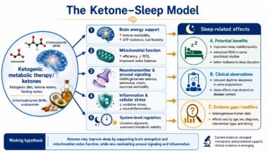 Working model for ketone–sleep interactions. The figure summarizes the proposed model in which ketone bodies influence sleep through partially overlapping effects on substrate availability, neuronal excitability, inflammatory tone, redox biology, epigenetic regulation, circadian timing, and respiratory/metabolic physiology. The figure was created with assistance from ChatGPT-5.6 (OpenAI). The authors reviewed and verified all scientific content and labels. Review: Ketones and Sleep: A Narrative Review of Mechanisms, Preclinical Models, and Human Evidence