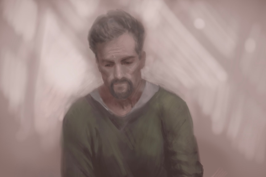 a court sketch of sam wood as he appeared via video link
