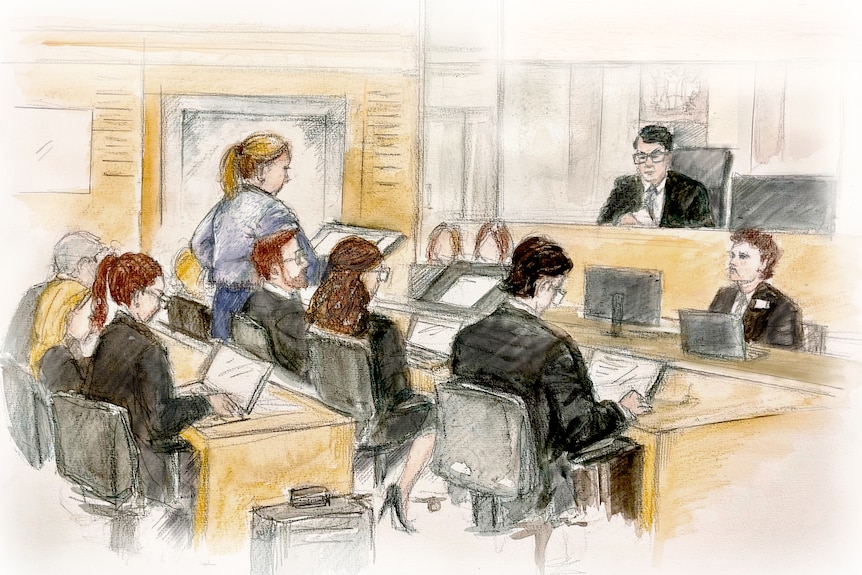 A sketch of people in a courtroom, a woman standing up and a judge behind a high desk.