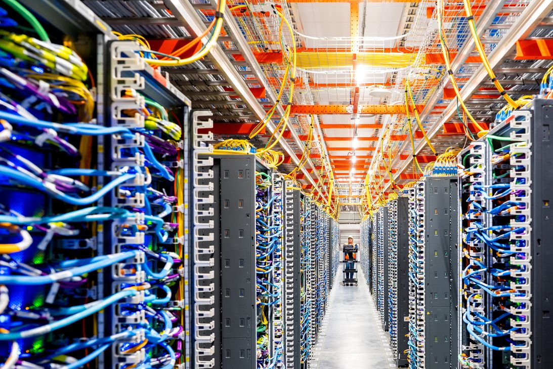 A technician works at an Amazon Web Services AI data center in New Carlisle, Indiana, last fall.