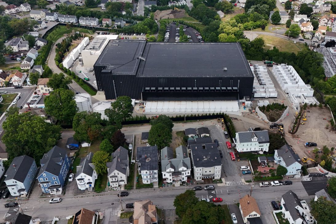 A drone view shows The Markley Group data center in a residential neighborhood in Lowell, Massachusetts, on July 28,