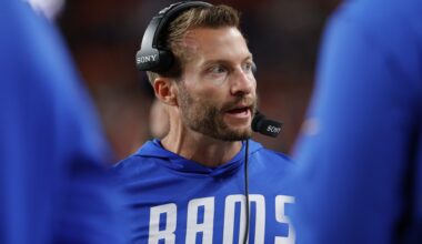 Sep 27, 2026; Denver, Colorado, USA; Los Angeles Rams head coach Sean McVay looks on during the first half against the Denver Broncos at Empower Field at Mile High.