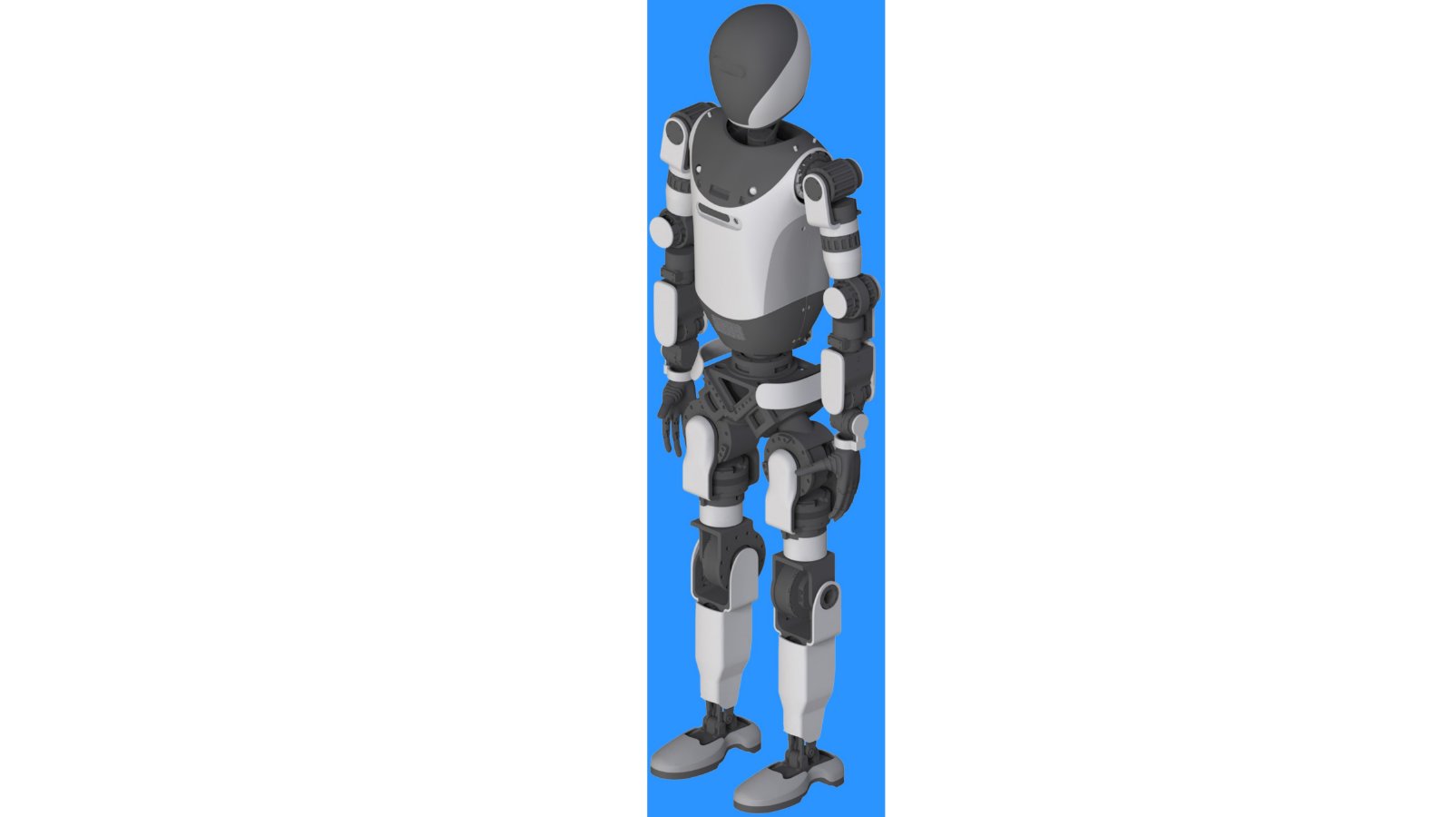BYD humanoid robot patent rendering showing a dark oval face, light-colored body panels and exposed arm and leg joints.