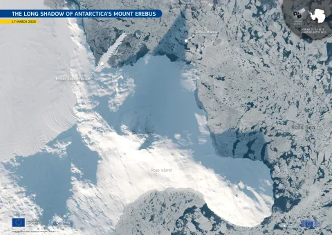 Mount Erebus casts a 35-kilometre-long shadow over Antarctic sea ice | EU Space Support Office