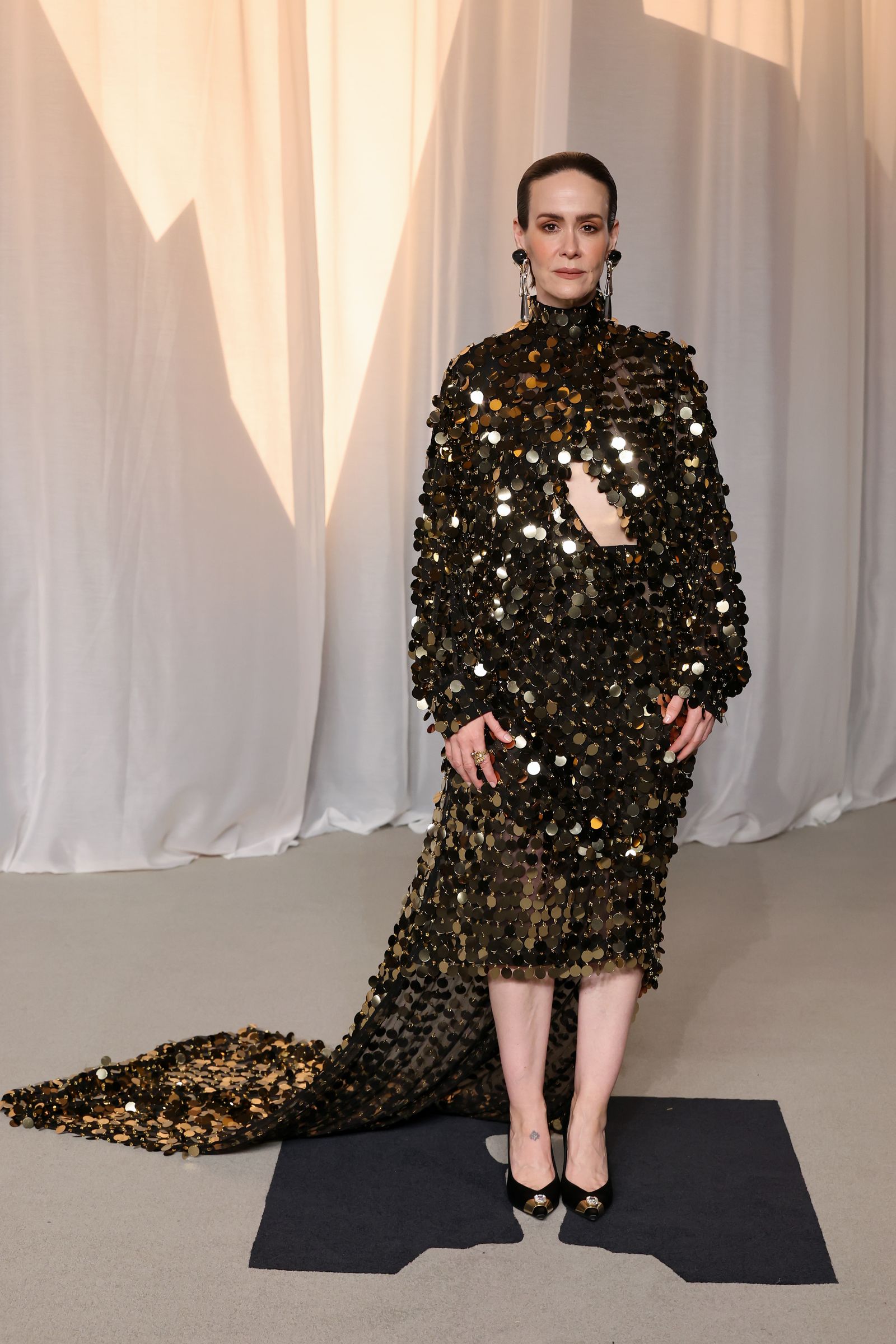 Image may contain Sarah Paulson Person Clothing Dress Long Sleeve Sleeve Fashion Adult Standing and Formal Wear
