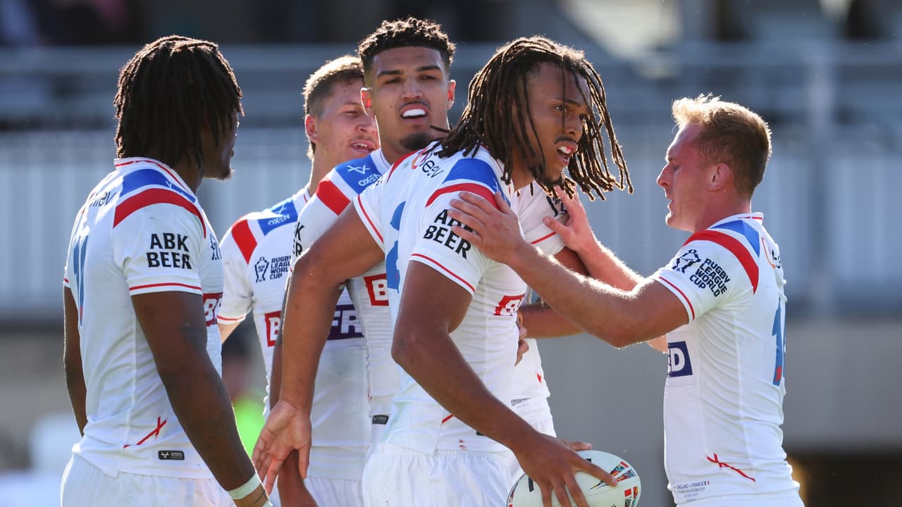 PERTH, AUSTRALIA – OCTOBER 24: Dom Young of England crosses for a try during the 2026 Men's Rugby League World Cup match between England and France at HBF Stadium on October 24, 2026 in Perth, Australia. (Photo by Paul Kane/Getty Images)