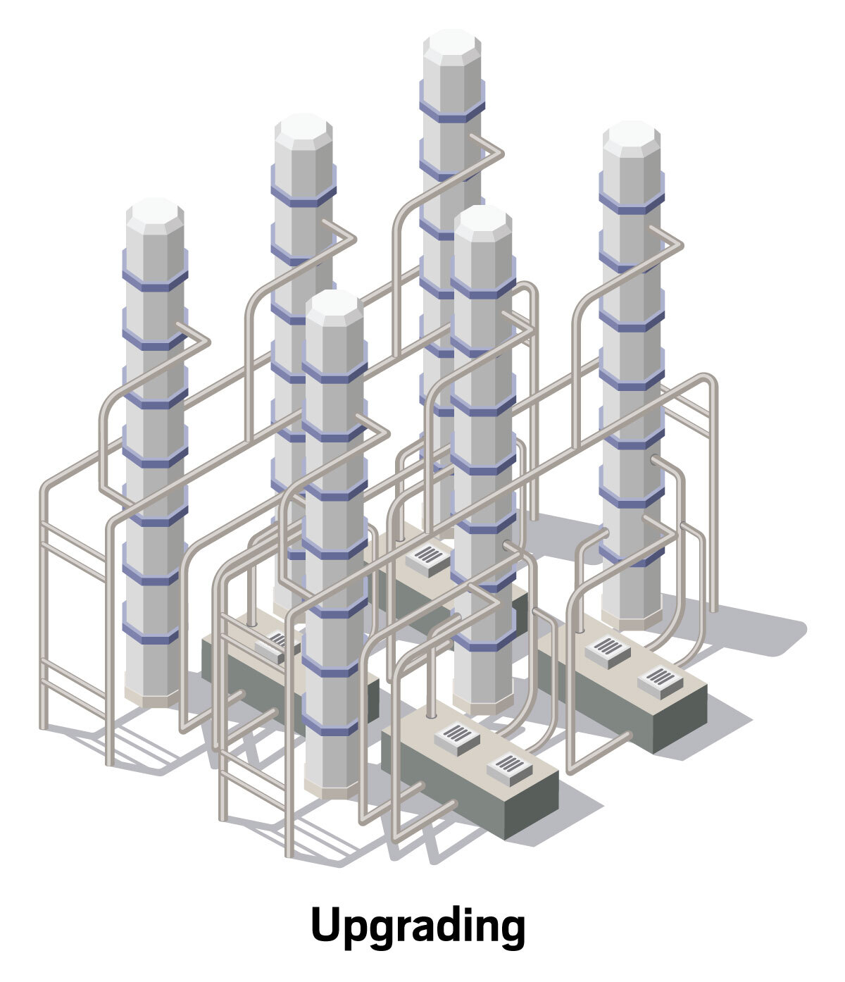 Illustration of pyrolysis oil being treated to remove pollutants and break down large molecules.