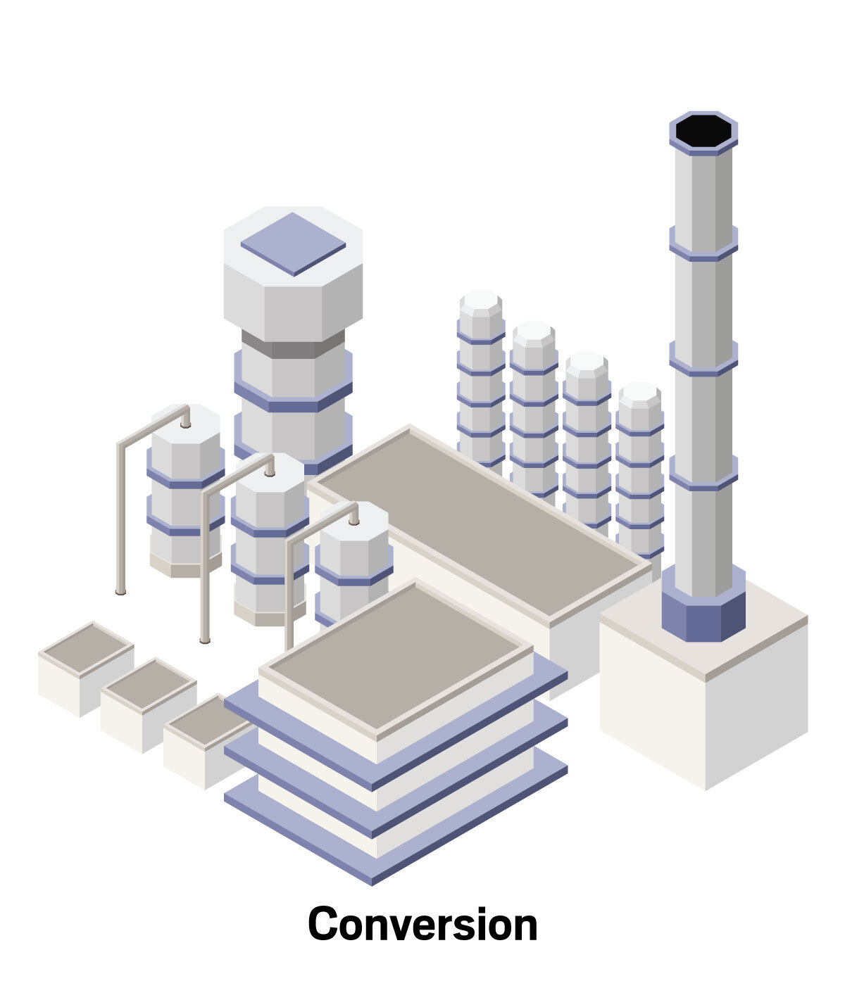 Illustration of upgraded pyrolysis oil being converted into basic petrochemicals and then into new plastic products.