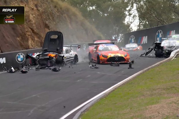 Ralf Aron suffered a broken back in this horror crash during the Bathurst 12hr.