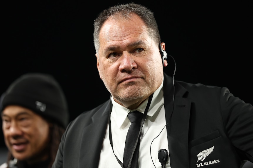 Dave Rennie looks to his left during an All Blacks Test in 2026.