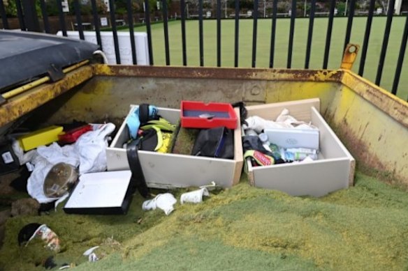 A police photograph of the Cronulla skip bin where Lamarre-Condon allegedly dumped items from the Paddington home of Jesse Baird.