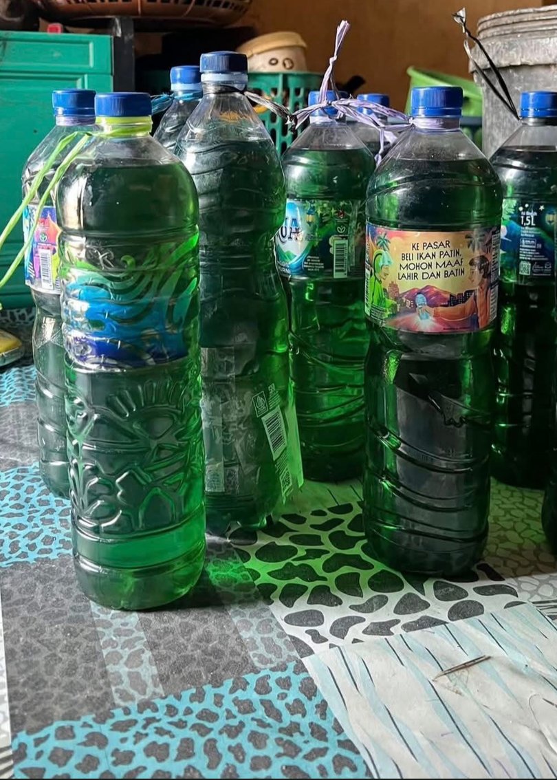 Plastic bottles filled with fuel are being kept as emergency supply.