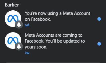 A screenshot of a Facebook notification about Meta Accounts