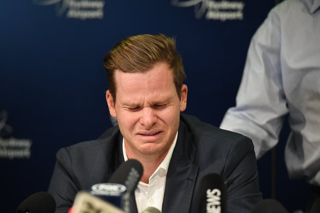 Steve Smith in tears facing the press in the wake of the infamous saga.