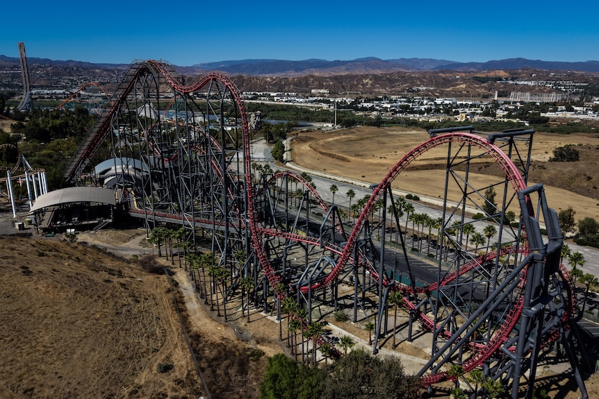 This aerial view shows the X2 roller coaster at Six Flags Magic Mountain in Valencia, California