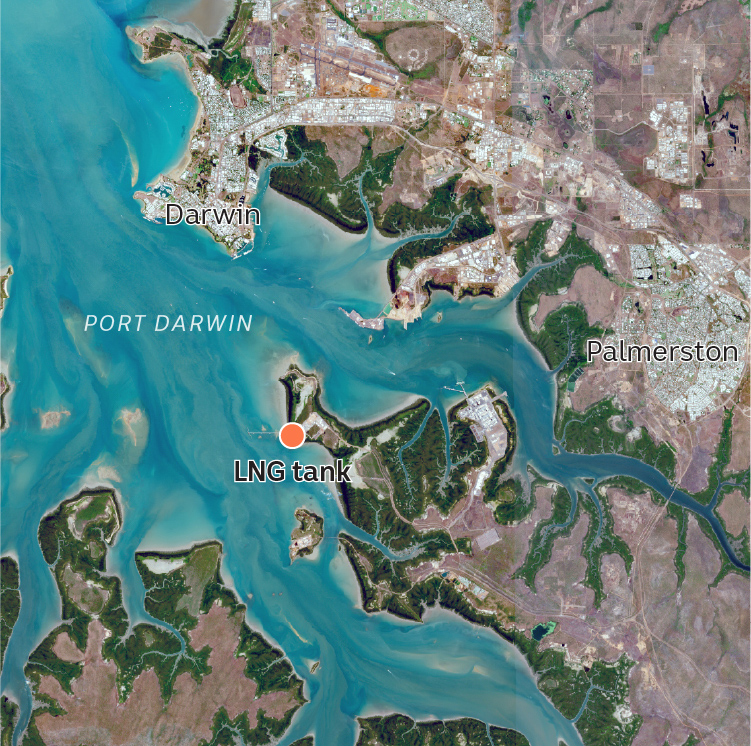 A map showing the LNG tank located west of Palmerston, south of Darwin.