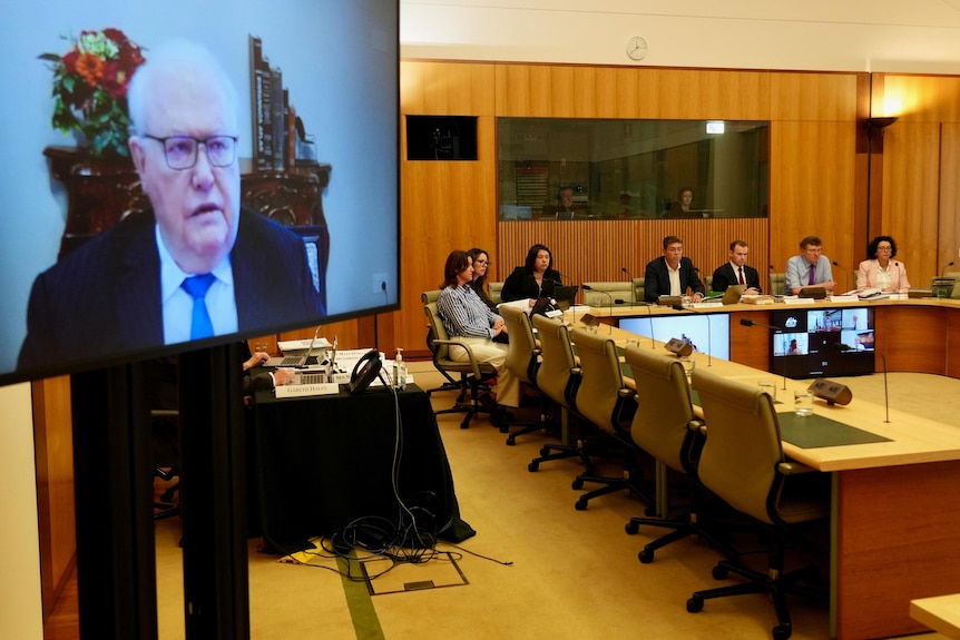 A man appears on a tv screen to the left, inside a committee room in parliament house in front of several politicians.