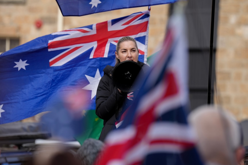 Lee Hanson speaks at March for Australia rally in Hobart