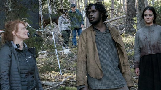 Jennifer Kent directs Baykali Ganambarr and Aisling Franciosi on the Tasmanian set of The Nightingale.