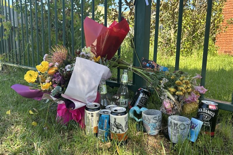 Flowers and alcoholic cans along a fence of a home