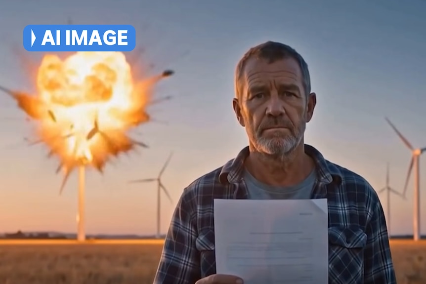 AI-generated image depicting man in a field with exploding wind turbine behind him.