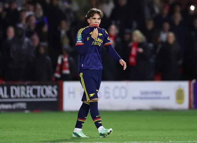 Max Dowman of Arsenal reacts as he walks off the pitch