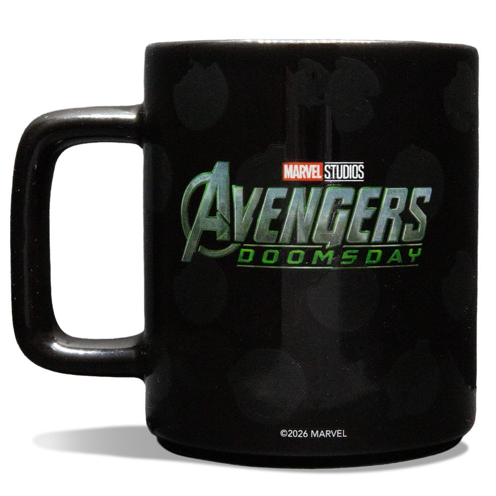 Black mug featuring the "Avengers: Doomsday" logo from Marvel Studios. Black mug featuring the "Avengers: Doomsday" logo from Marvel Studios.