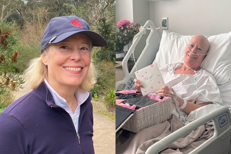 A composite image of Margaret, looking healthy and smiling, and smiling and sick in a hospital bed.