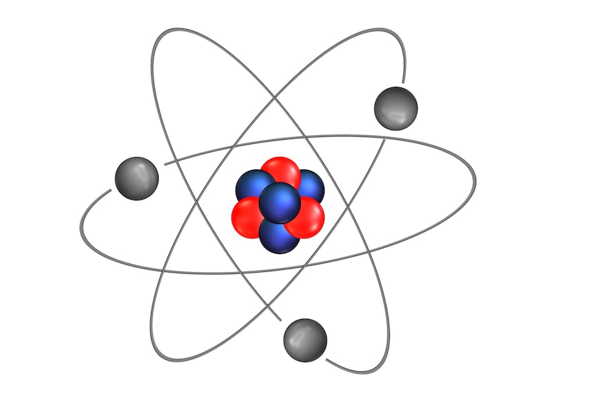 Cluster of coloured spheres surrounded by wider orbiting grey spheres.