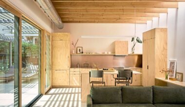 The living unit, which is separated from a stand-alone art studio by a patio.