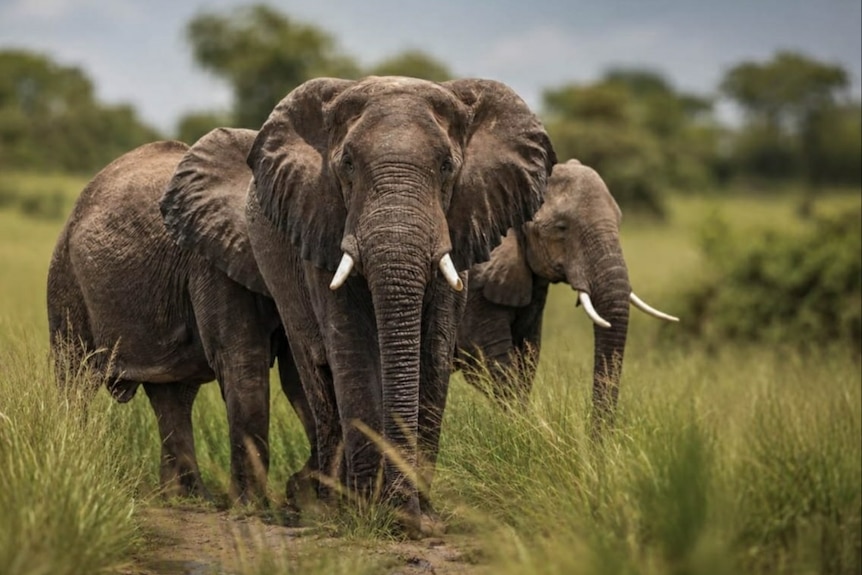 Three elephants standing in long green grass in African savanna, one is facing camera in the middle of frame.