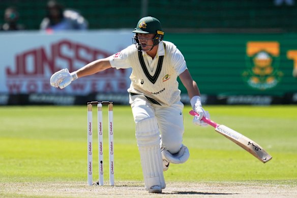 Australia’s Marnus Labuschagne reacts as he bats on day four.